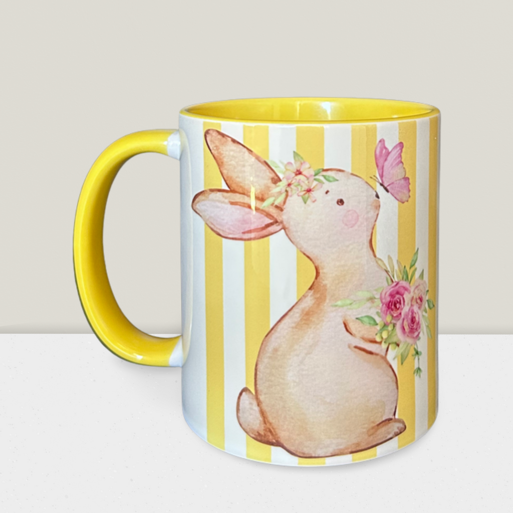 Caneca Páscoa Coelhinho com Flores | Caneca Cerâmica Amarela Presente Páscoa Primavera