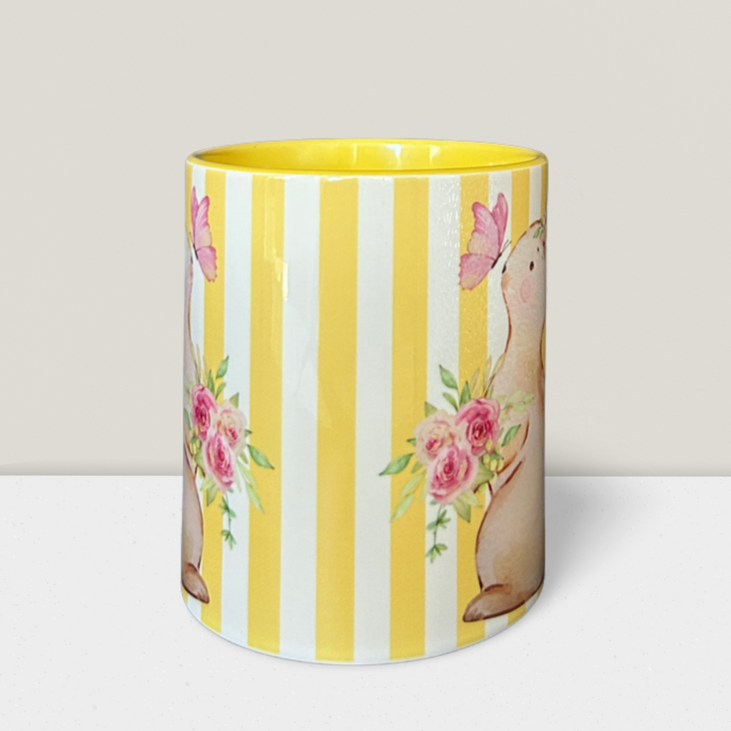 Caneca Páscoa Coelhinho com Flores | Caneca Cerâmica Amarela Presente Páscoa Primavera