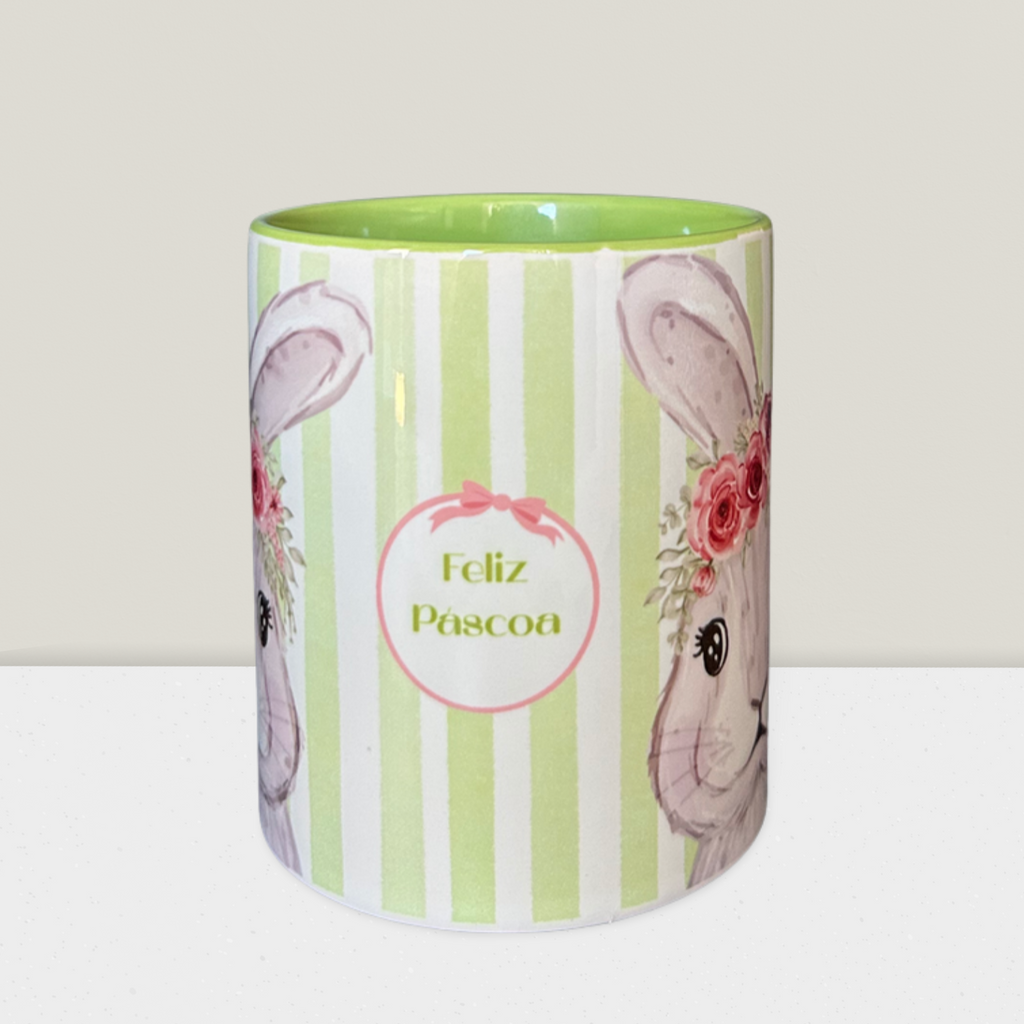 Caneca Páscoa Coelhinho com Flores "Feliz Páscoa"