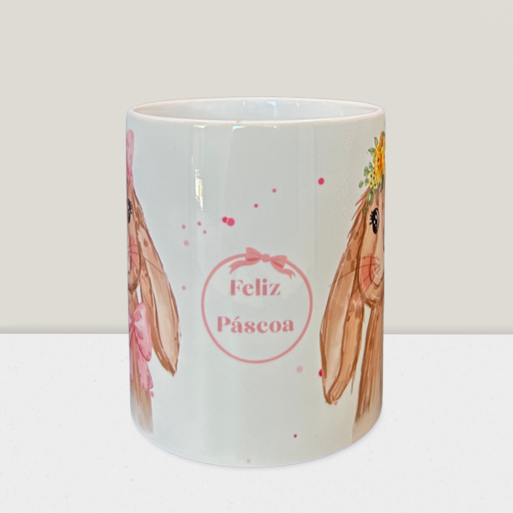 Caneca Páscoa Coelhinhos com Flores | Caneca Cerâmica Presente Páscoa Delicado