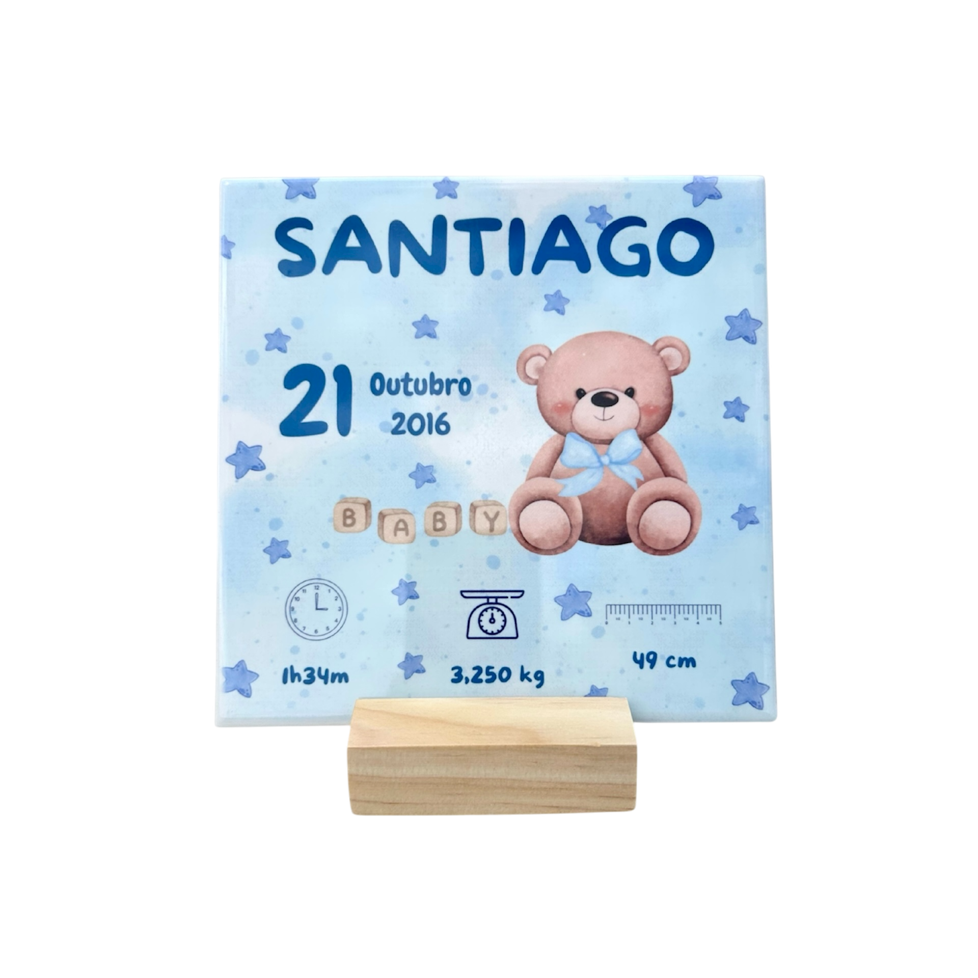 Azulejo Nascimento Personalizado 15x15 com Suporte em Pinho