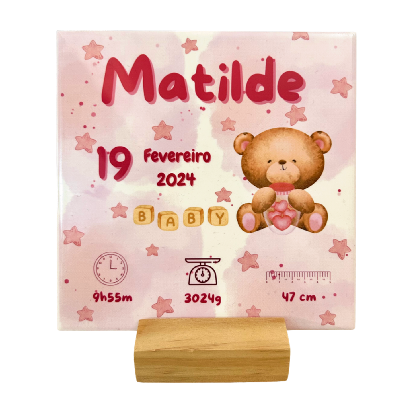 Azulejo Nascimento Personalizado 15x15 com Suporte em Pinho