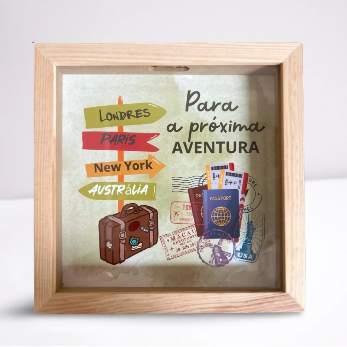 Mealheiro de Pinho Personalizado Viagem – Guarde Sonhos e Aventuras