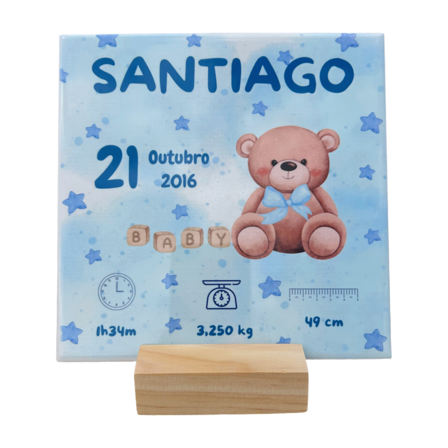 Azulejo Nascimento Personalizado 15x15 com Suporte em Pinho